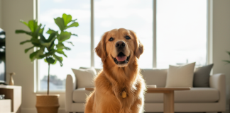 A photorealistic, heartwarming shot of a healthy and happy adult Golden Retriever sitting on a clean hardwood floor in a brightly lit, modern living room