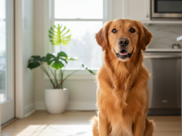 A photorealistic, bright, and airy shot of a healthy and happy adult Golden Retriever sitting attentively on a clean, light-colored wooden floor in a modern sunlit kitchen