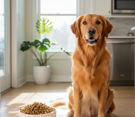A photorealistic, bright, and airy shot of a healthy and happy adult Golden Retriever sitting attentively on a clean, light-colored wooden floor in a modern sunlit kitchen