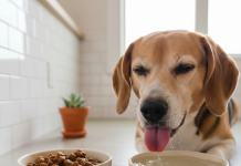 Pedigree Mama: Köpeklerde İdrar Yolu Sorunlarına Çözüm Önerileri A photorealistic shot of a happy, healthy beagle mix dog lapping up water from a clean, ceramic water bowl