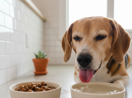 A photorealistic shot of a happy, healthy beagle mix dog lapping up water from a clean, ceramic water bowl