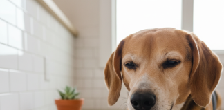 A photorealistic shot of a happy, healthy beagle mix dog lapping up water from a clean, ceramic water bowl