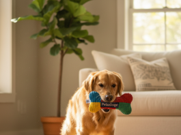 A happy golden retriever is playing with a colorful PetzzDogs plush toy in a bright, sunlit living room