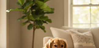 A happy golden retriever is playing with a colorful PetzzDogs plush toy in a bright, sunlit living room