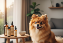 A photorealistic, heartwarming shot of a fluffy, impeccably groomed orange sable Pomeranian sitting majestically on a plush grey blanket in a bright, modern living room