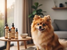 A photorealistic, heartwarming shot of a fluffy, impeccably groomed orange sable Pomeranian sitting majestically on a plush grey blanket in a bright, modern living room