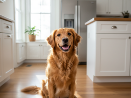 A photorealistic, heartwarming shot of a happy, medium-sized dog, possibly a Golden Retriever or a mixed breed, looking eagerly at its food bowl