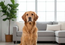 Pro Choice Mama ile Köpek Problemlerine Hızlı ve Kalıcı Çözümler A photorealistic, heartwarming shot of a healthy and happy adult Golden Retriever sitting patiently on a clean, light-colored wooden floor in a brightly lit, modern living room