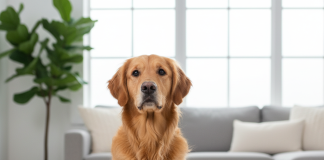 A photorealistic, heartwarming shot of a healthy and happy adult Golden Retriever sitting patiently on a clean, light-colored wooden floor in a brightly lit, modern living room