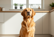 Pro Choice: Yetişkin Köpekler İçin En İyi 10 Mama Önerisi A photorealistic, bright, and heartwarming shot of a healthy and happy adult Golden Retriever in a modern, sunlit kitchen