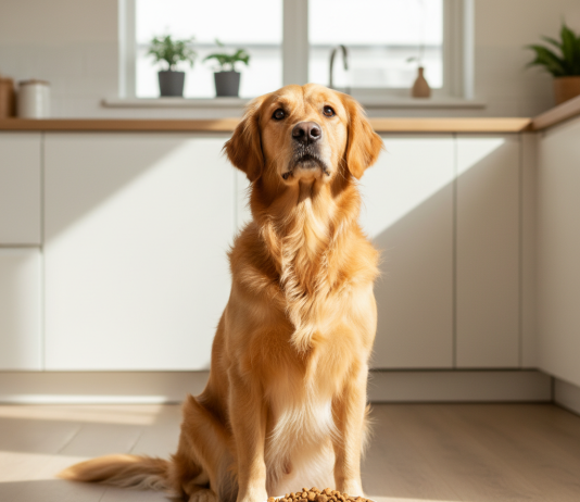 A photorealistic, bright, and heartwarming shot of a healthy and happy adult Golden Retriever in a modern, sunlit kitchen