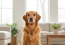 Pro Plan Köpek Maması ile Yetişkin Köpek Sorunlarına Etkili Çözüm A beautiful, medium-sized adult dog, possibly a Golden Retriever or a similar breed, is sitting attentively in a bright, modern living room