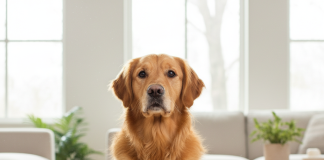 A beautiful, medium-sized adult dog, possibly a Golden Retriever or a similar breed, is sitting attentively in a bright, modern living room