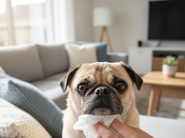 A heartwarming, photorealistic close-up shot of a fawn-colored Pug with big, expressive eyes