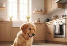 Reflex Plus: Yavru Köpekler için En İyi 5 Mama Önerisi A photorealistic, heartwarming shot of a fluffy, adorable Golden Retriever puppy in a bright, modern kitchen