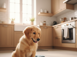 A photorealistic, heartwarming shot of a fluffy, adorable Golden Retriever puppy in a bright, modern kitchen