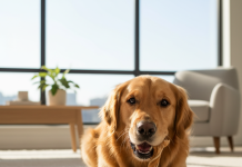 A photorealistic, heartwarming close-up shot of a healthy adult Golden Retriever happily chewing on a Smartbones treat