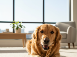 A photorealistic, heartwarming close-up shot of a healthy adult Golden Retriever happily chewing on a Smartbones treat