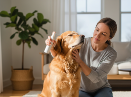 A photorealistic, heartwarming shot of a healthy and happy medium-sized dog, possibly a Golden Retriever or a similar breed, being gently cared for by its owner in a bright, clean, modern home envi...