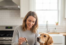Supravet Köpek Maması Nasıl Kullanılır? Adım Adım Rehber A photorealistic, heartwarming scene in a bright, modern kitchen with soft morning sunlight