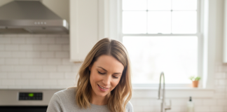 A photorealistic, heartwarming scene in a bright, modern kitchen with soft morning sunlight