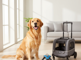 A photorealistic shot of a cheerful golden retriever sitting in a bright, modern living room