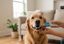 A photorealistic, heartwarming medium shot of a happy golden retriever sitting on a clean, light-colored wooden floor in a brightly lit, modern living room