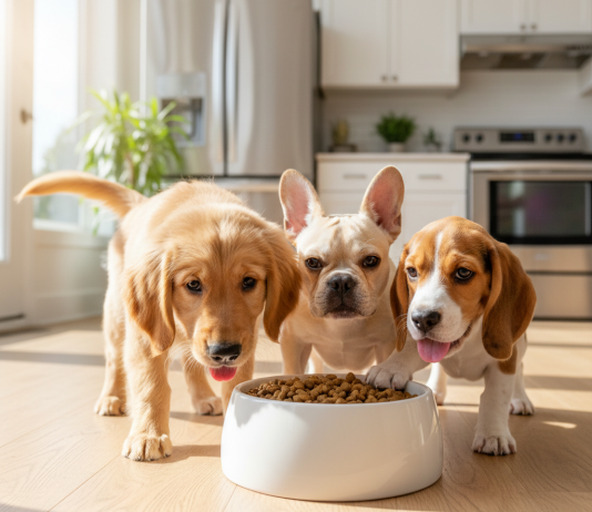 A bright, cheerful, photorealistic shot of three different breed puppies eagerly gathered around a stylish, modern white ceramic food bowl