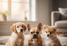 A photorealistic shot of three adorable puppies of different breeds (a Golden Retriever, a French Bulldog, and a Pomeranian) sitting together on a clean, light-colored wooden floor