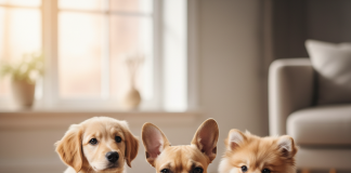 A photorealistic shot of three adorable puppies of different breeds (a Golden Retriever, a French Bulldog, and a Pomeranian) sitting together on a clean, light-colored wooden floor