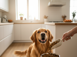 A photorealistic image capturing a happy, healthy adult Golden Retriever looking attentively at its food bowl