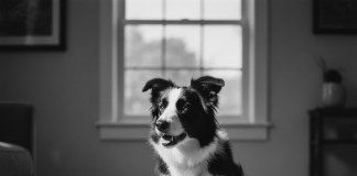 A stunningly beautiful, classic black and white Border Collie is the center of a warm, sunlit living room