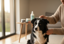 Border Collie Sahipleri İçin En İyi 10 Hijyen ve Bakım Ürünü A beautiful, healthy Border Collie with its classic black and white coat is sitting patiently on a clean, light-colored wooden floor during a grooming session