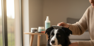 A beautiful, healthy Border Collie with its classic black and white coat is sitting patiently on a clean, light-colored wooden floor during a grooming session