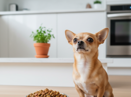 A photorealistic, heartwarming close-up shot of an adorable tan-colored Chihuahua