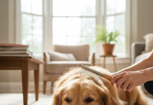 Golden Retriever İçin En İyi Bakım Ürününü Nasıl Seçersiniz? A beautiful, happy Golden Retriever is being gently brushed by its owner in a bright, sunlit living room