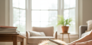 A beautiful, happy Golden Retriever is being gently brushed by its owner in a bright, sunlit living room