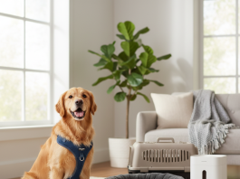 A happy dog (maybe a Golden Retriever or a Beagle) is sitting contentedly next to a collection of high-quality dog accessories on a brightly lit, modern living room floor
