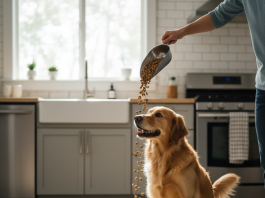 A photorealistic, heartwarming shot of a healthy, happy medium-sized dog, like a Golden Retriever or a Beagle, looking up at its owner with adoration