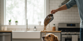 A photorealistic, heartwarming shot of a healthy, happy medium-sized dog, like a Golden Retriever or a Beagle, looking up at its owner with adoration