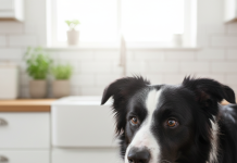 Orijen Mama ile Köpeğinizin Yemek Seçiciliğini Yenmenin 7 Yolu A photorealistic, heartwarming shot of a beautiful, intelligent-looking Border Collie in a bright, modern kitchen with white cabinets and a warm wooden countertop