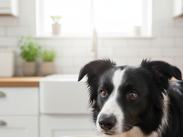 A photorealistic, heartwarming shot of a beautiful, intelligent-looking Border Collie in a bright, modern kitchen with white cabinets and a warm wooden countertop