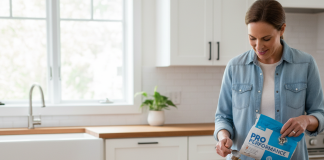A photorealistic, heartwarming shot of a healthy and happy Golden Retriever looking up lovingly at its owner