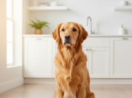 A photorealistic shot of a healthy and happy adult Golden Retriever in a bright, modern kitchen