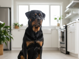 A stunning, photorealistic shot of a healthy adult Rottweiler with a glossy black and tan coat