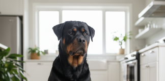 A stunning, photorealistic shot of a healthy adult Rottweiler with a glossy black and tan coat