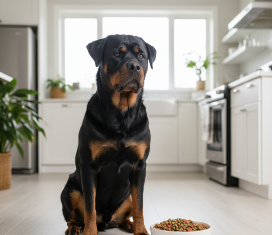 A stunning, photorealistic shot of a healthy adult Rottweiler with a glossy black and tan coat