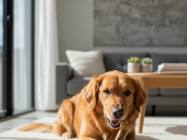 A happy, healthy medium-sized dog like a Golden Retriever is joyfully chewing on a Smartbones bone treat in a bright, modern living room