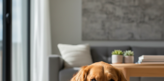 A happy, healthy medium-sized dog like a Golden Retriever is joyfully chewing on a Smartbones bone treat in a bright, modern living room