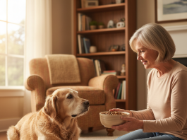 A photorealistic, heartwarming scene captures an elderly Golden Retriever with gentle gray fur around its muzzle, sitting on a soft rug in a cozy, sunlit living room